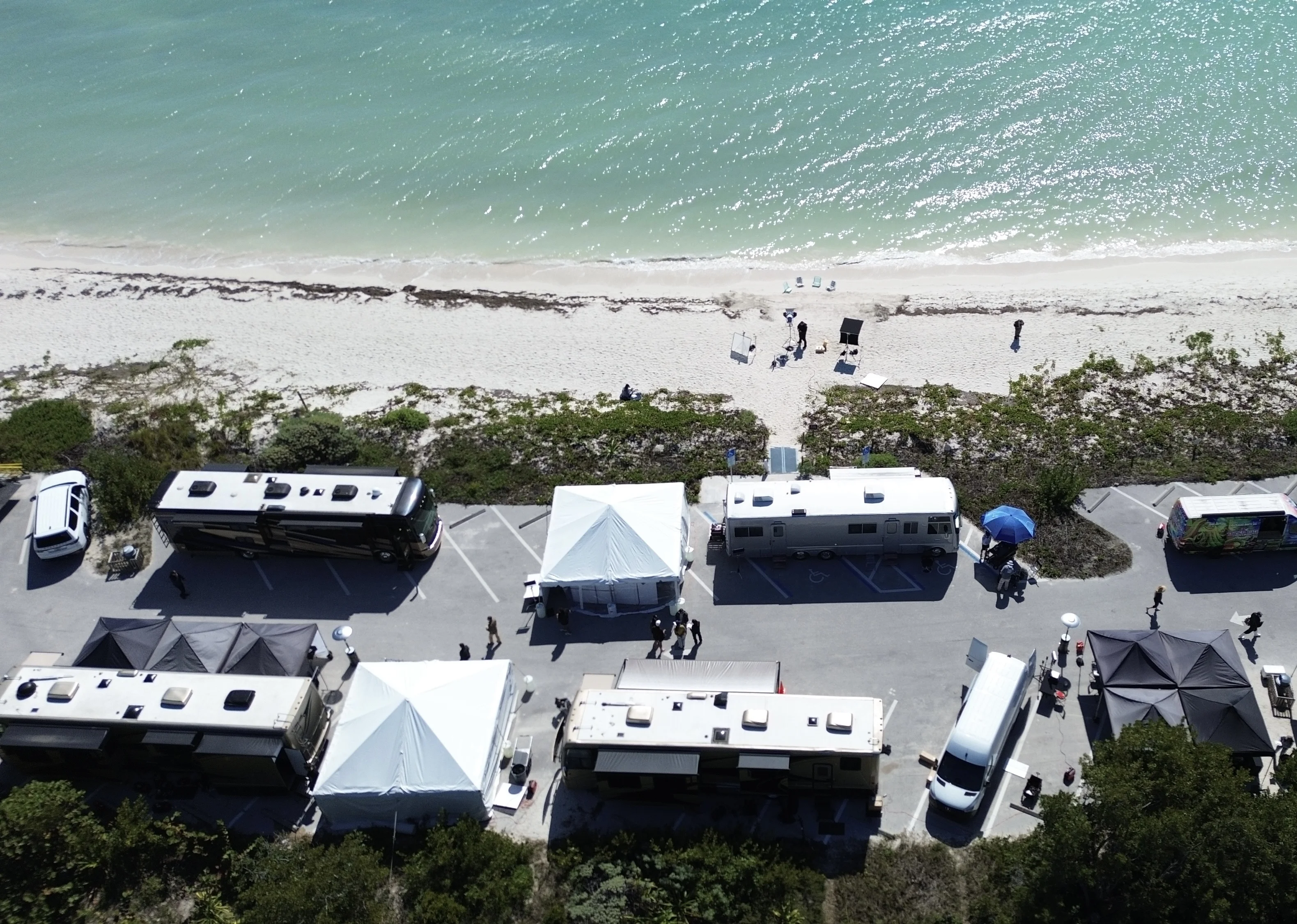 Beachside production base camp with RVs and tents